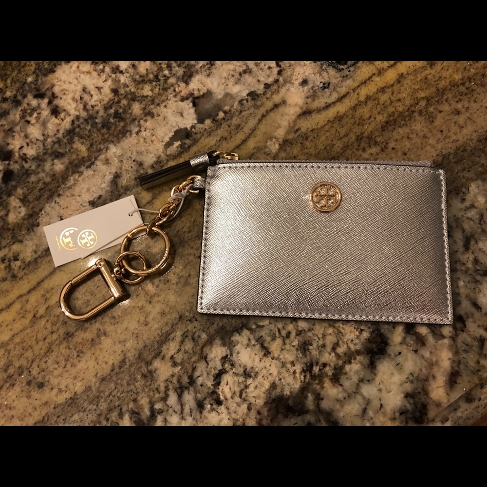 Tory Burch Robinson Metallic Card Case Key Ring